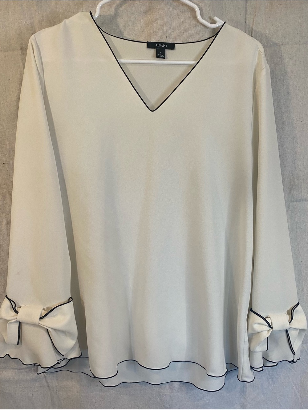 Alfani Cream V-Neck Blouse with Navy Contrast Trim